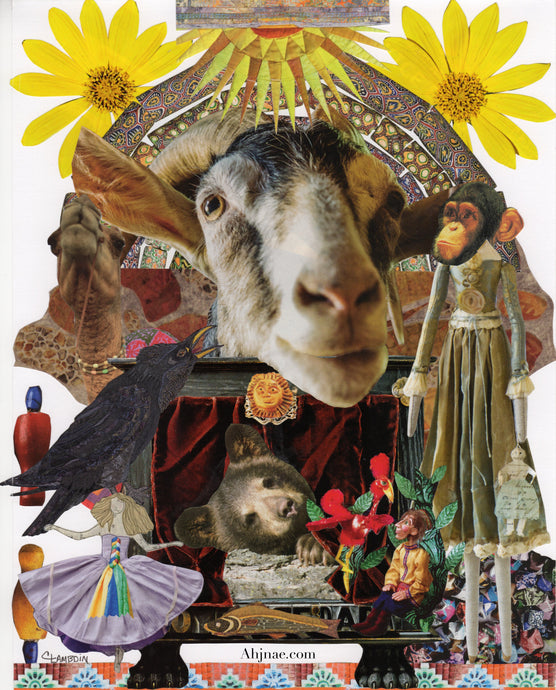 Hans and His Friends Card.  Goat, monkey, bear cub, black bird, ballerina, dolls, yellow daisies, sunshine.