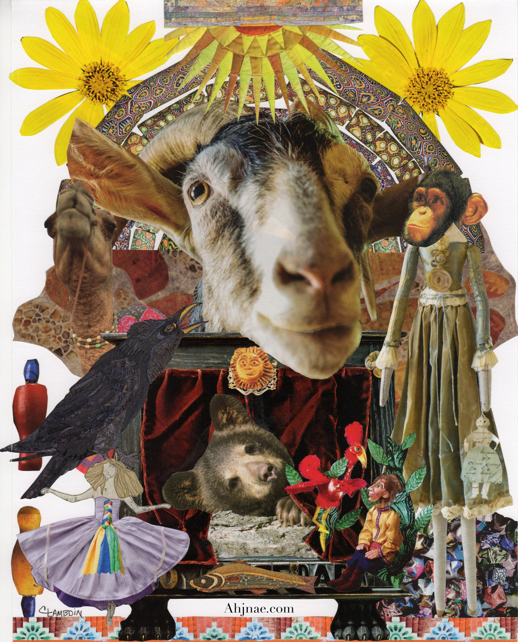 Hans and His Friends Print.  Goat, monkey, birds, bear cub, ballerina, yellow daisies, sunshine.