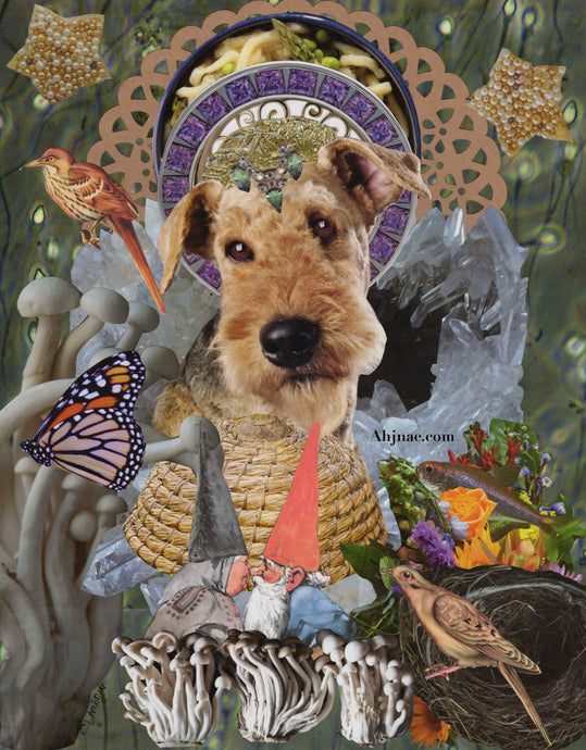 Greeting Card: Dahlia is an Airedale dog, I have collaged her aura or crown, there is a beehive, crystals, a bird with a nest, and mushrooms as her favorite things. The gnome couple is kissing in the center.