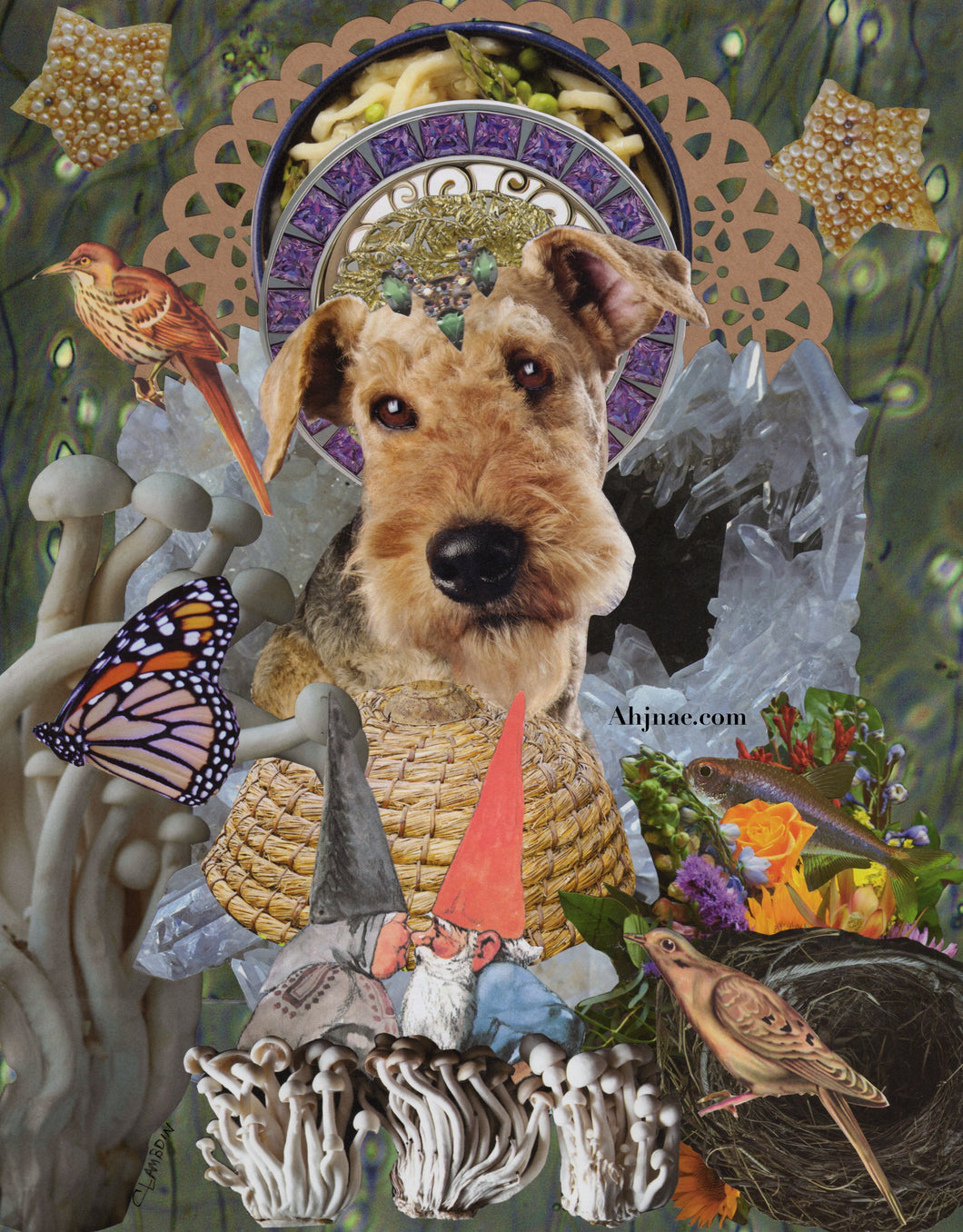 Art Print: Dahlia is an Airedale dog, I have collaged her aura or crown, there is a beehive, crystals, a bird with a nest, and mushrooms as her favorite things. The gnome couple is kissing in the center.