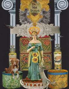 Do Not Disturb Art Print with painted tins, lady statue, dog and old tin milk jugs