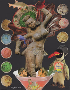 I love this eclectic collage! The Goddess of fertility "Chillin" in the cosmopolitan cocktail which is the tub for the greek men.  The Seahorse is the animal of protection and is on the Lotus of Purity, the ice cream scoops remind us to stay calm, the toy penguin represents commitment. Notice the 1960s Jello mold salad as a crown.