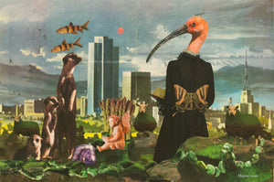 Lessons Learned Art Print.  City in background with pelican in a black dress, fish, angel, amethyst, sheep in the foreground.  
