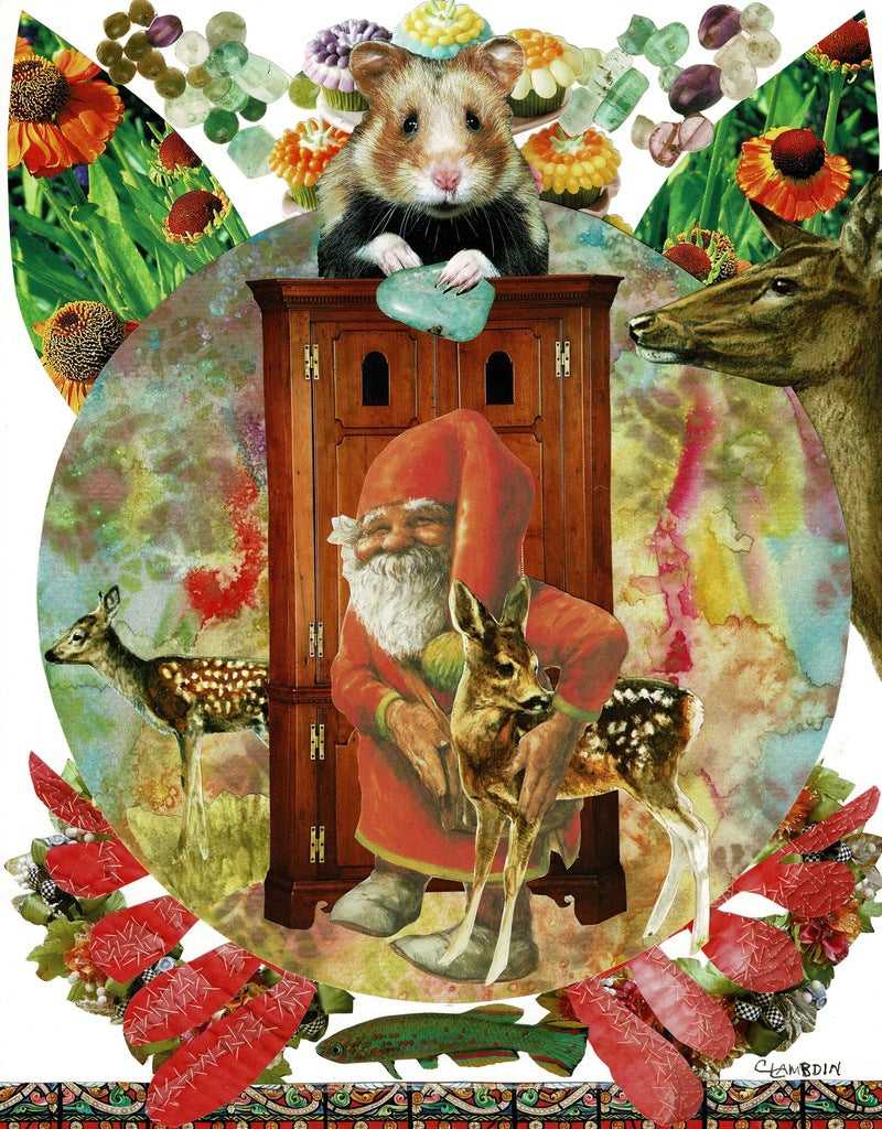 Gnome santa with baby deer outside a fairy garden door.