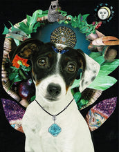 Load image into Gallery viewer, Blak and White Jack Russell Terrier wearing a blue diamond, with a background of greens, moon, flowers and amethyst wings.