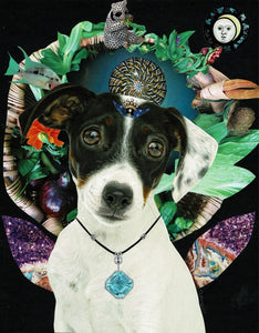 Blak and White Jack Russell Terrier wearing a blue diamond, with a background of greens, moon, flowers and amethyst wings.