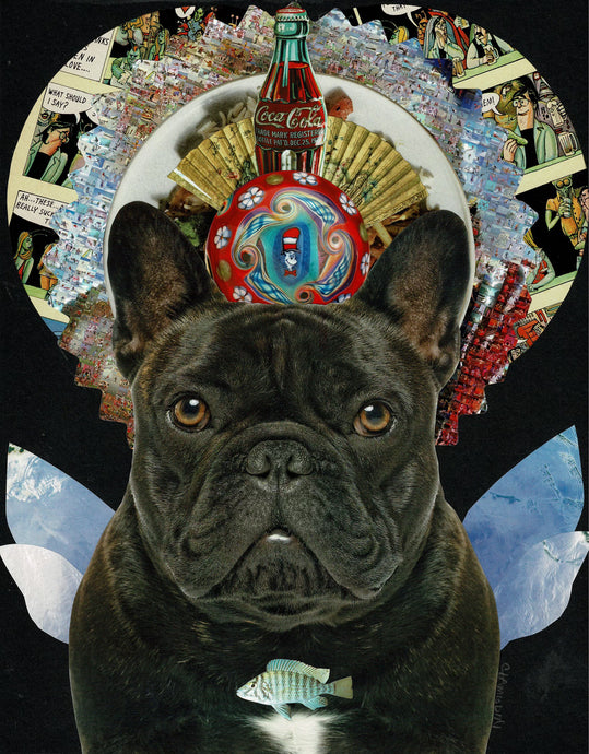 Black French Bulldog card with blue wings and a coca cola crown
